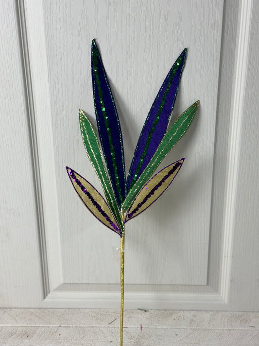 22 Inch Mardi Gras Glitter Velvet Leaf Spray