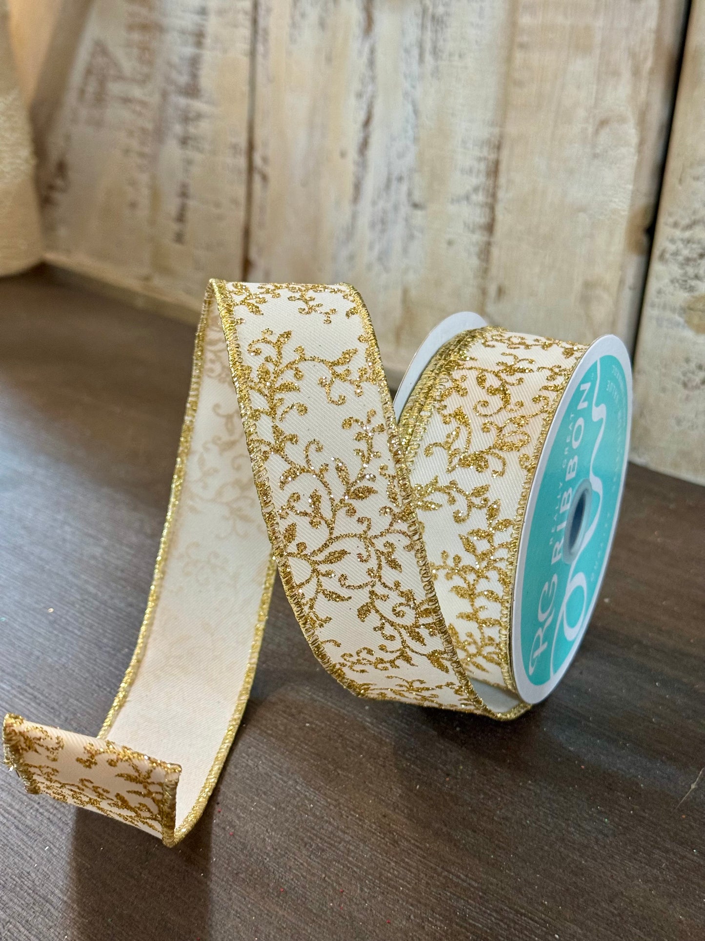 1.5 Inch By 10 Yard Ivory And Gold Mini Leaf Vines Ribbon