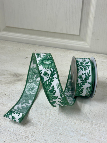 1.5 Inch By 10 Yard Sage And White Chinoiserie Florals Ribbon
