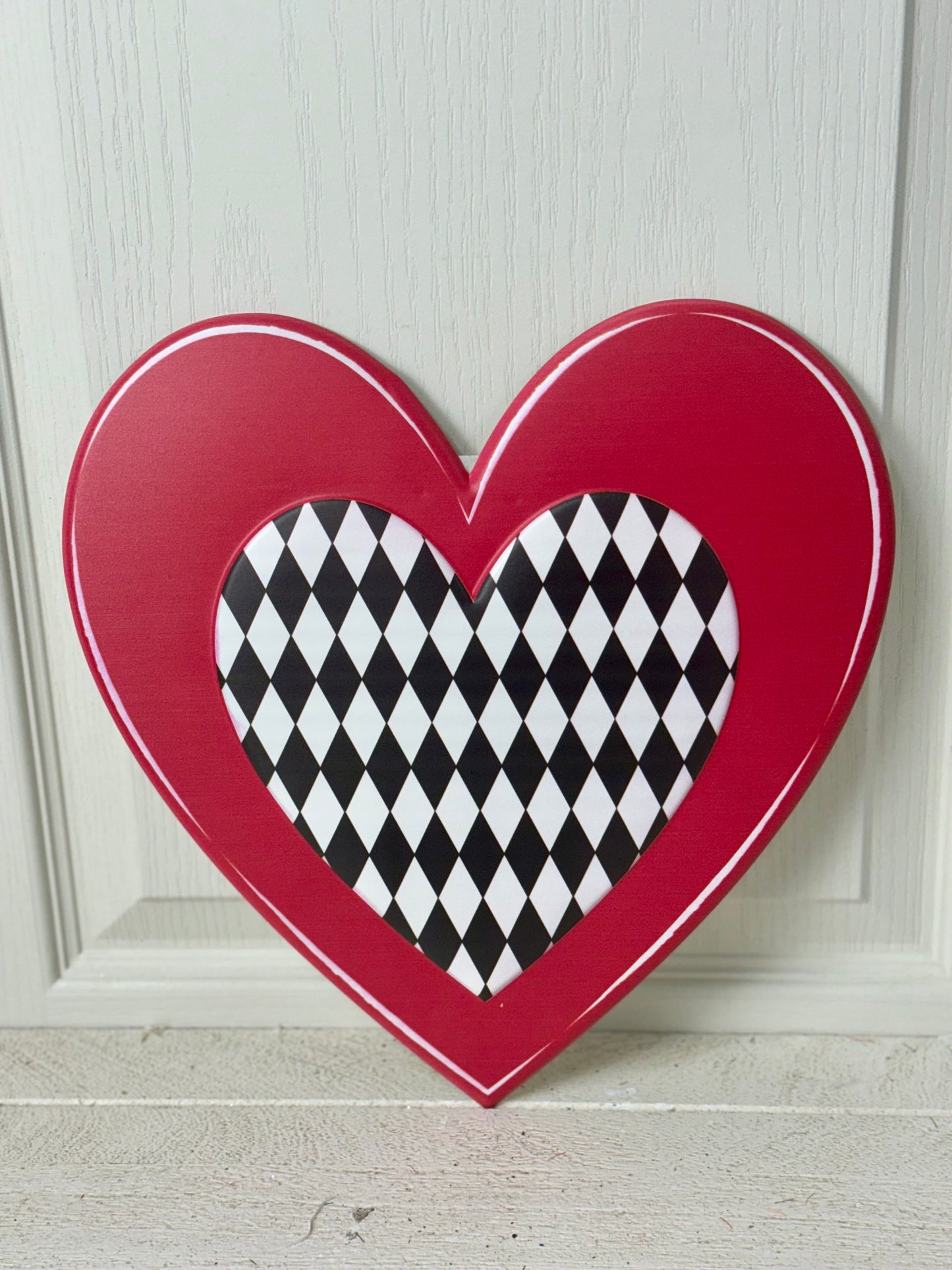 12 Inch Black And White Harlequin Red Heart Metal Sign