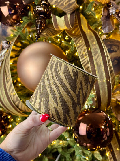 4 Inch By 10 Yard Brown And Gold Zebra Print Ribbon