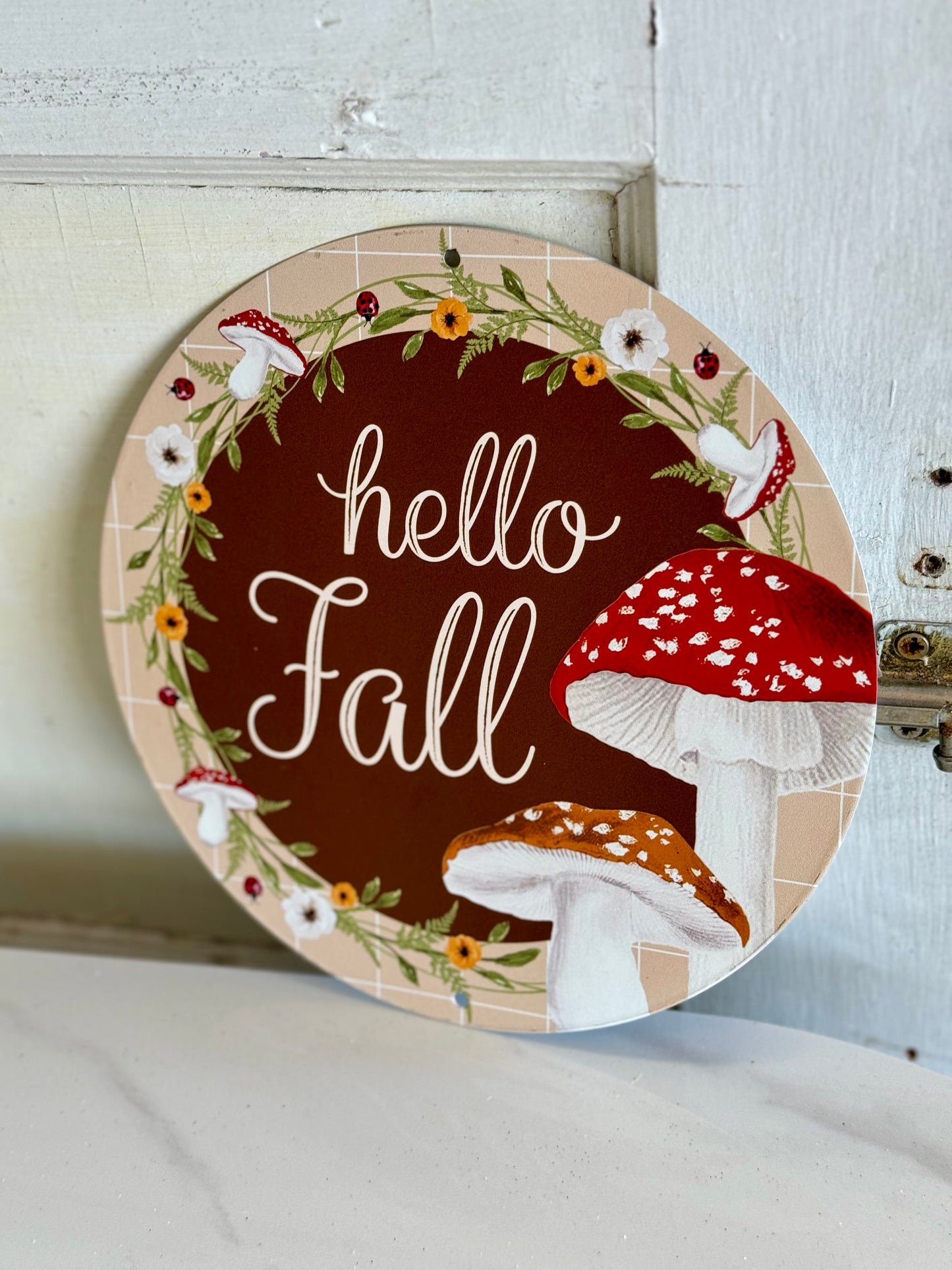 8 Inch Hello Fall Mushroom Metal Sign