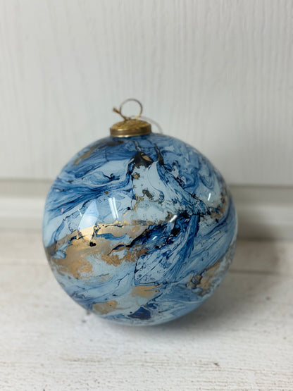 6 Inch Blue And Gold Watercolor Glass Ball Ornament