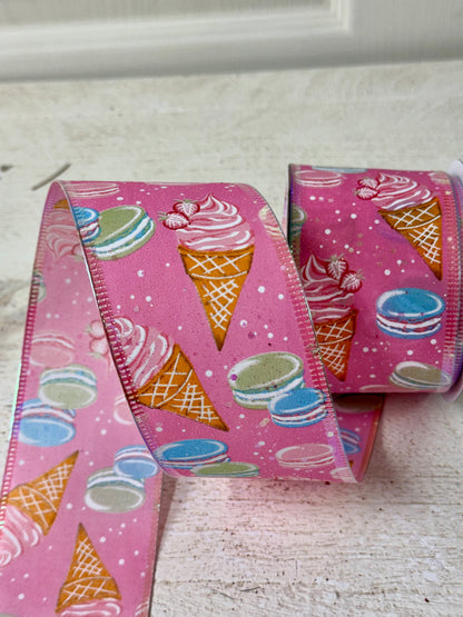 2.5 Inch By 10 Yard Pink Ice Cream Cones And Macaroons Ribbon