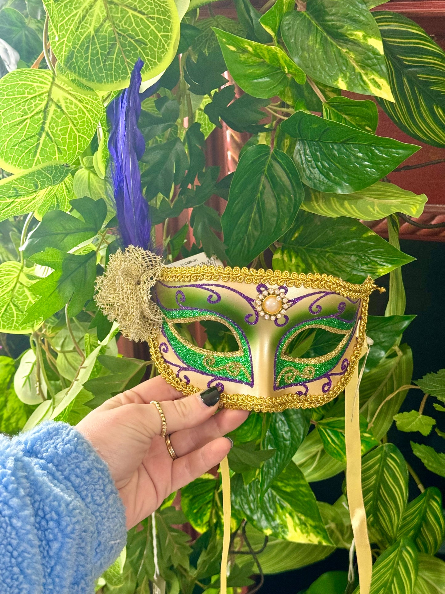 6.75 Inch Green Purple And Gold Deluxe Mardi Gras Mask