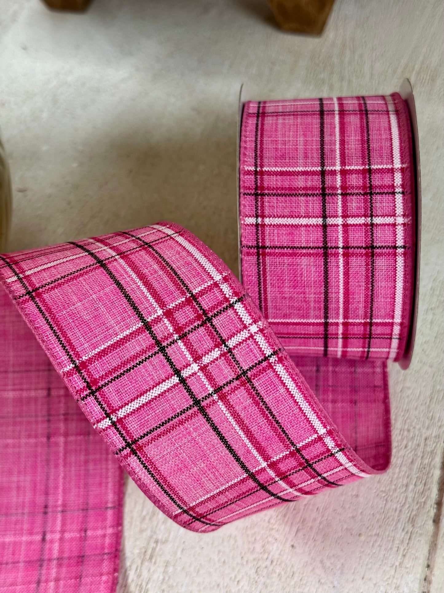 2.5 Inch By 10 Yard Pink Pinstripe Plaid Linen Ribbon