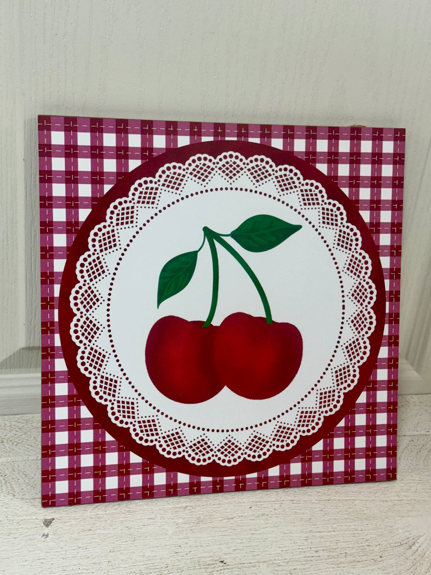 10 Inch Red And White Cherry With Lace Wooden Sign