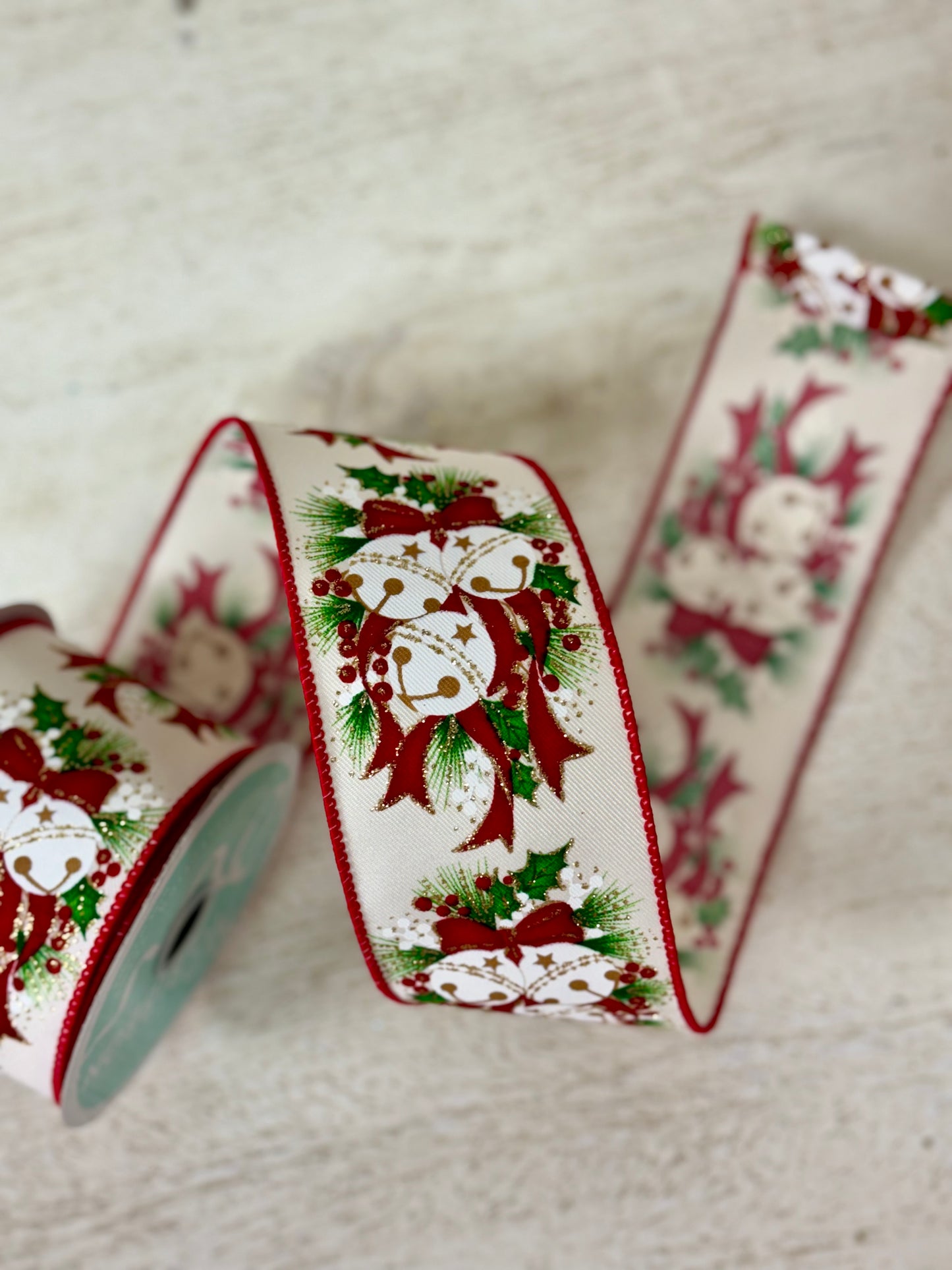 2.5 Inch By 10 Yard Jingle Bell Holly Ribbon