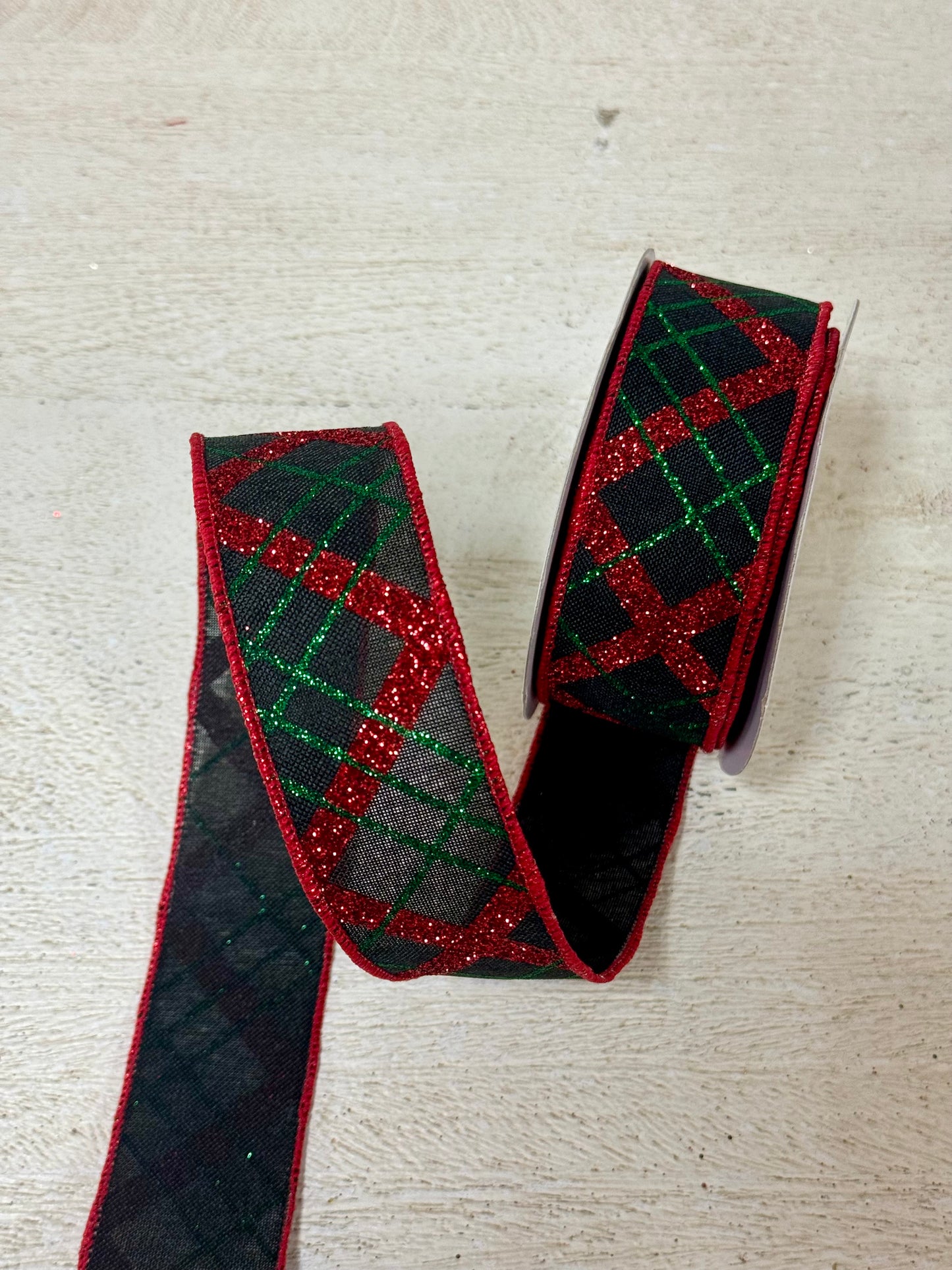 1.5 Inch By 10 Yard Black Red Emerald Glitter Diagonal Plaid Ribbon