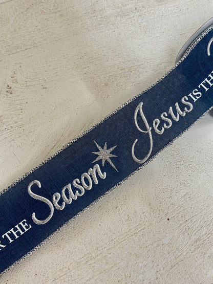 2.5 Inch By 9.9 Yards Jesus Is The Reason For The Season Navy And Silver Ribbon