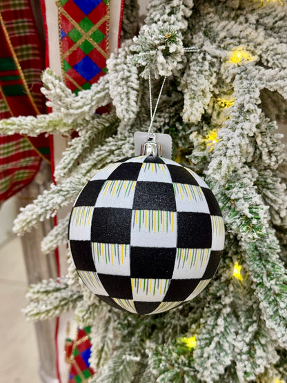 4 Inch Black And White Check Glitter Ornament