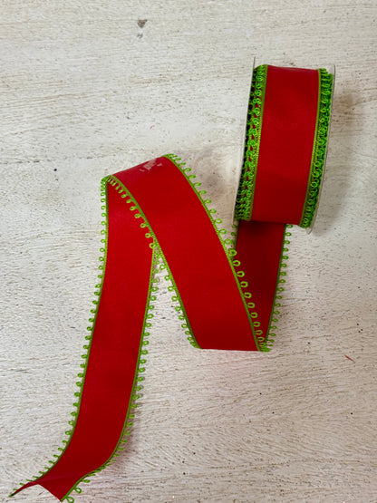 1.5 Inch By 10 Yard Lime Green And Red Picot Ribbon