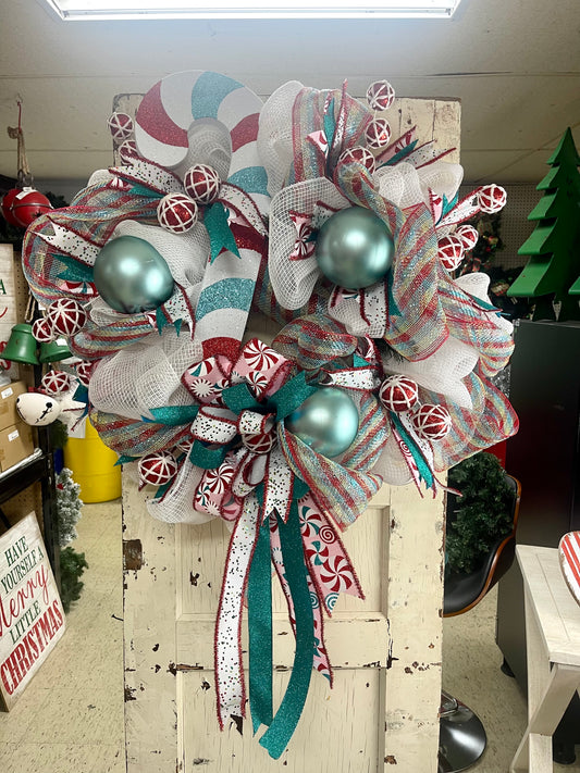 Turquoise And Red Candy Cane Premade Wreath