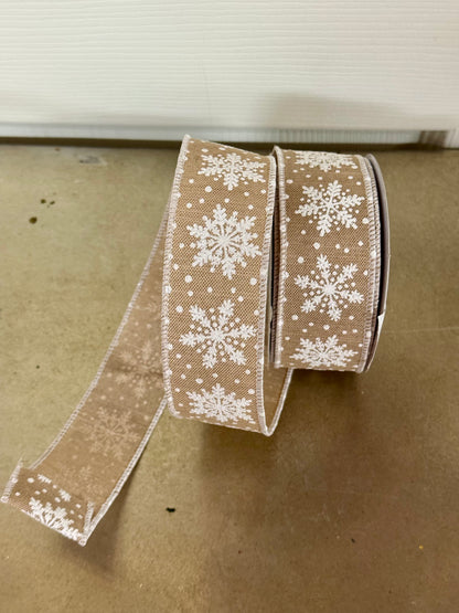 1.5 Inch By 10 Yard Tan And White Snowflake Ribbon