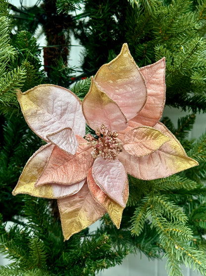 9 Inch Pink And Gold Poinsettia With Clip