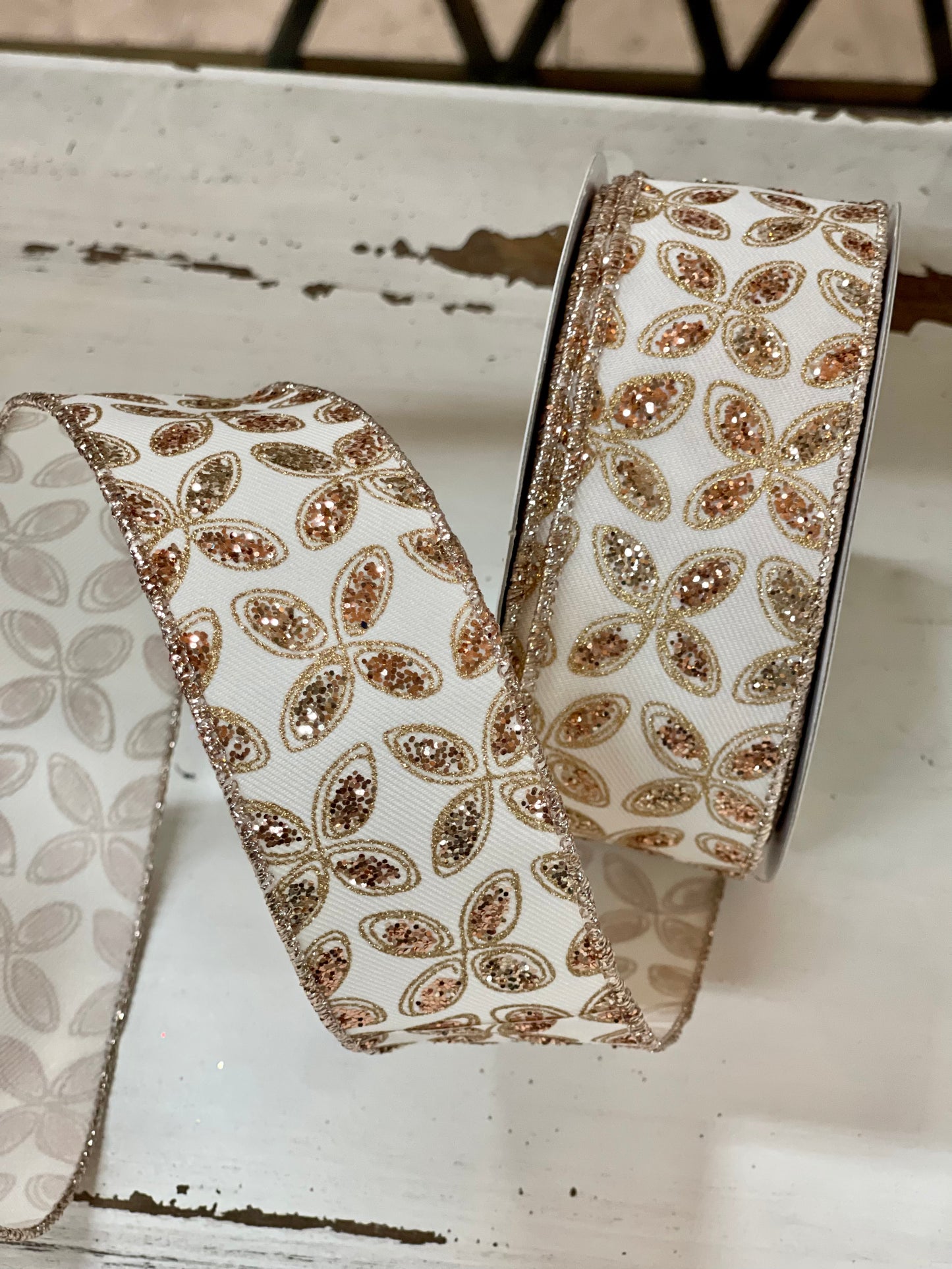 1.5 Inch By 10 Yard Rose Gold And Champagne Quatrefoil Petal Ribbon