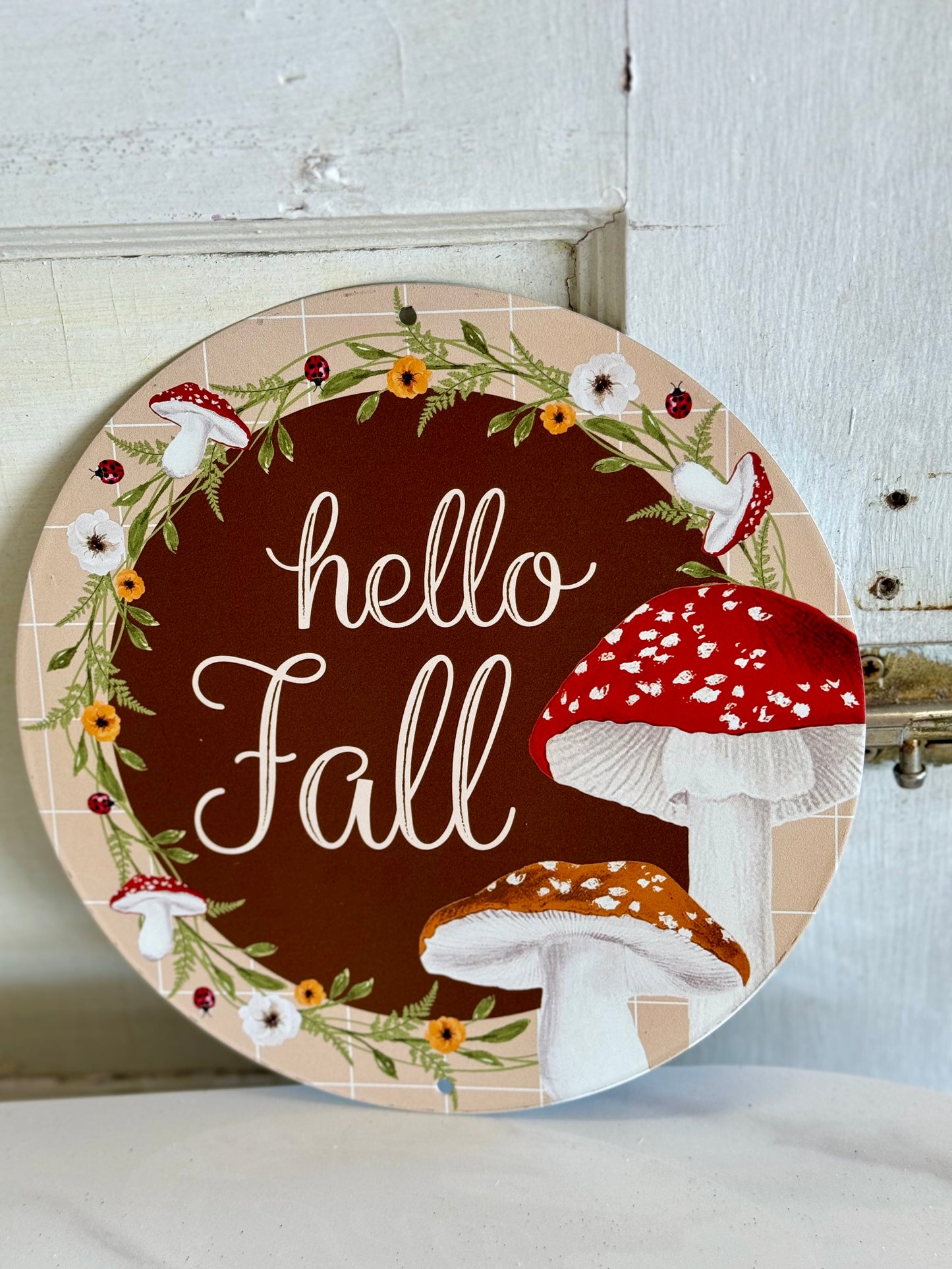 8 Inch Hello Fall Mushroom Metal Sign