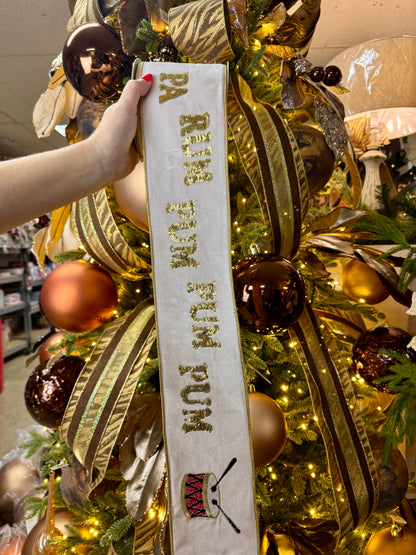4 Inch By 10 Yard Pa Rum Pum Pum Gold Sequin Embroidery With Drum On Ivory Velvet Ribbon