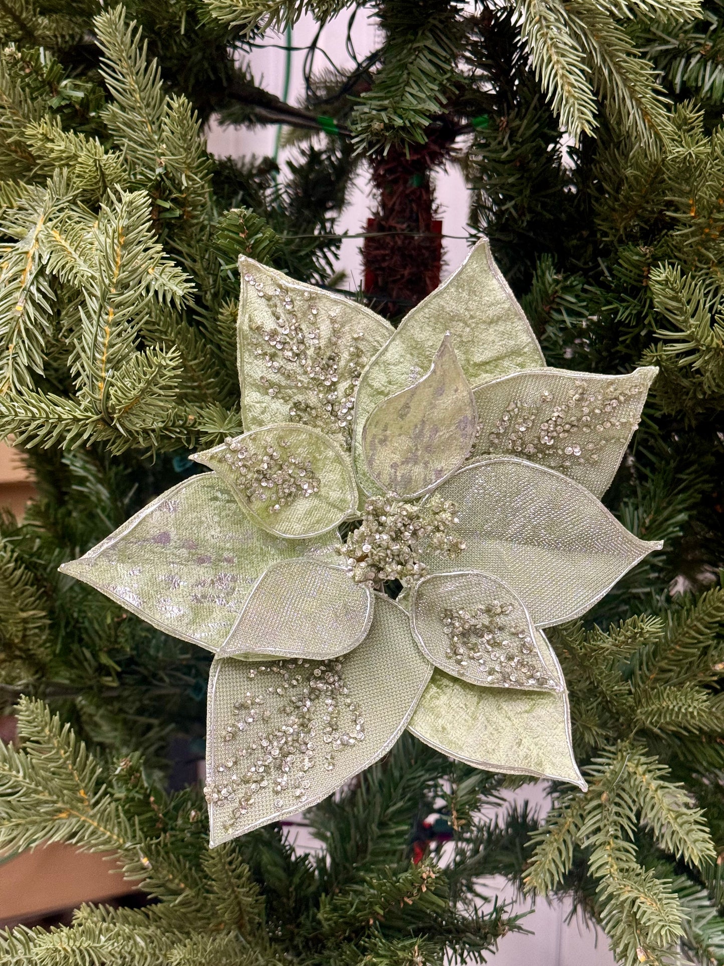 9 Inch Sage Green Poinsettia With Clip