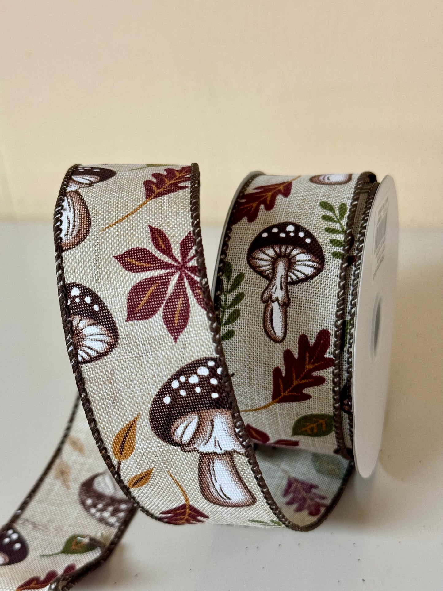 1.5 Inch By 10 Yard Natural Background With Fall Leaves And Mushrooms Ribbon