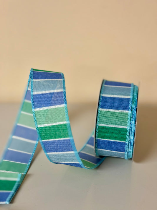 1.5 Inch By 10 Yard Mint Green And Blue Striped Ribbon