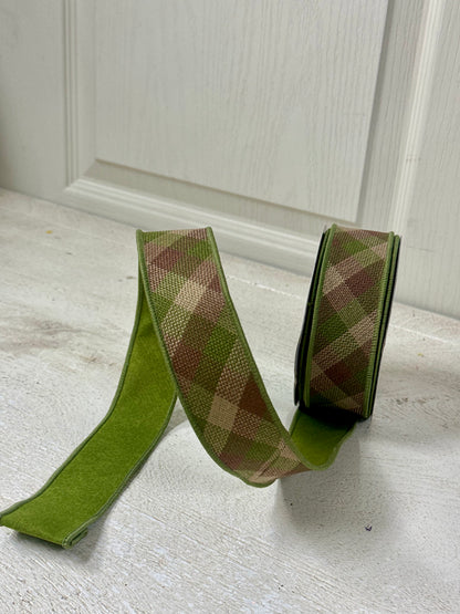 1.5 Inch By 10 Yard Moss Green Brown Beige Woven Check Fused Ribbon