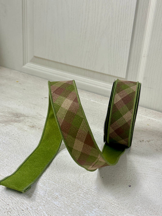 1.5 Inch By 10 Yard Moss Green Brown Beige Woven Check Fused Ribbon