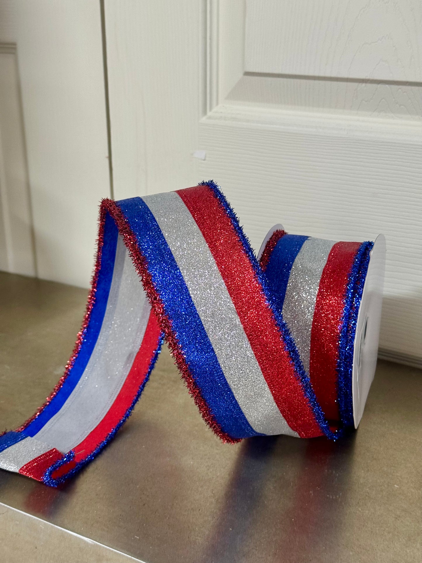 2.5 Inch By 10 Yard Royal Blue Red And Silver Striped Glitter With Tinsel Edging Ribbon