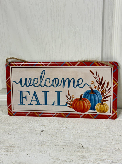12 Inch Cream Blue Orange Welcome Fall Tin Sign
