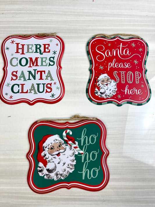 Tin Matte Santa Signs Three Assorted