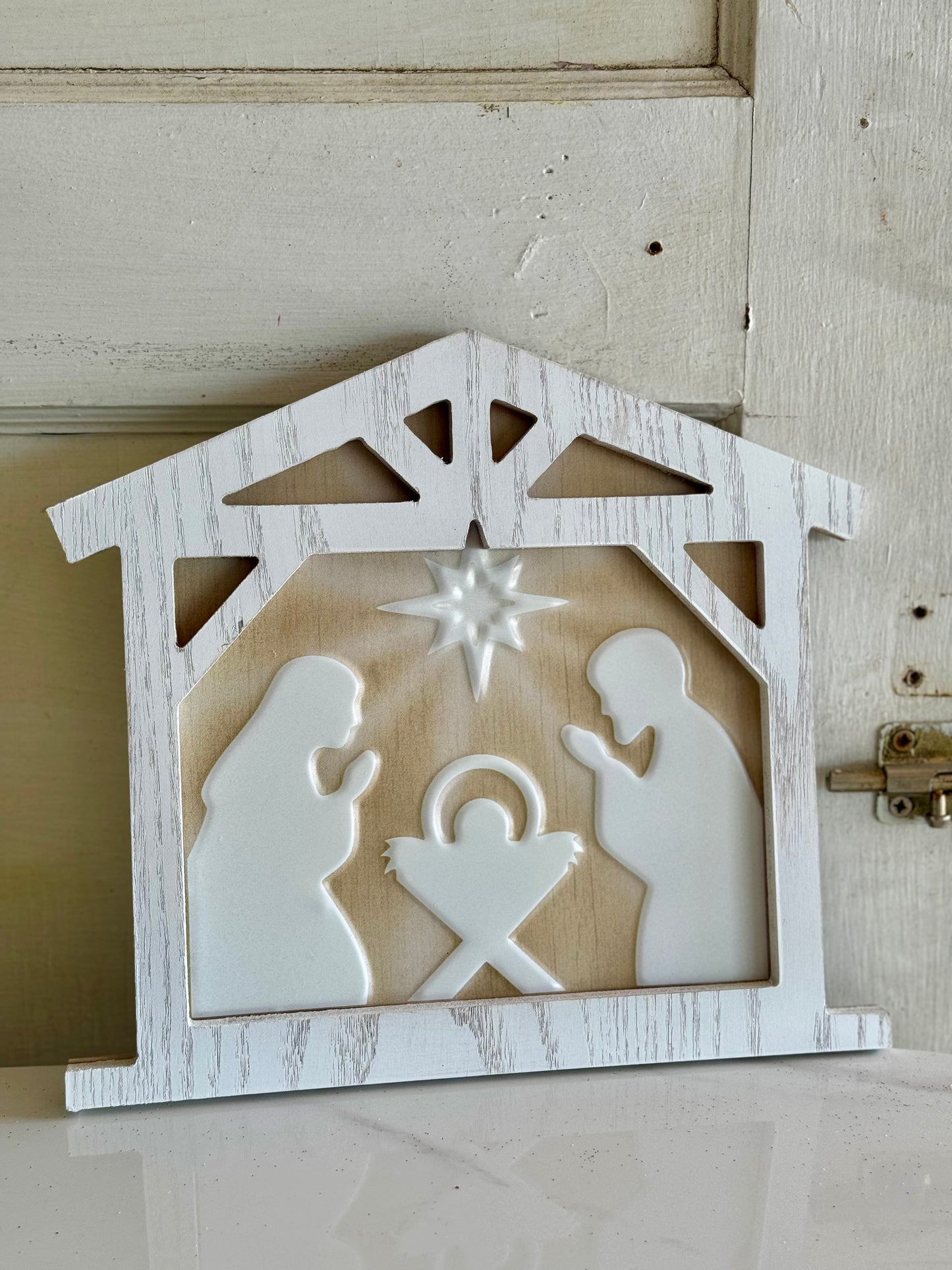 Light Brown And White Metal Nativity Scene Sign