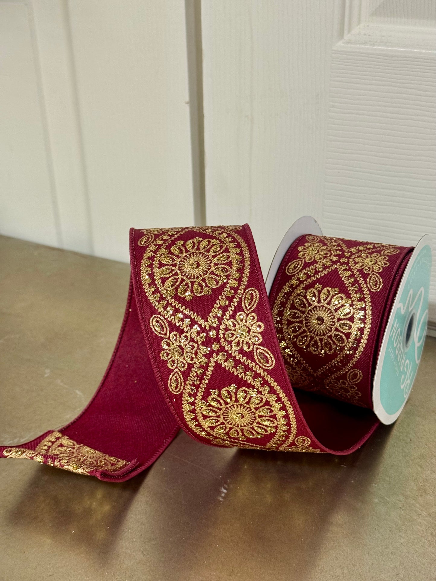 2.5 Inch By 10 Yard Wine And Gold Deluxe Wavy Floral Ribbon