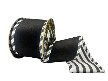 4 Inch By 5 Yard Black Velvet With White Black Cabana Stripe Ribbon