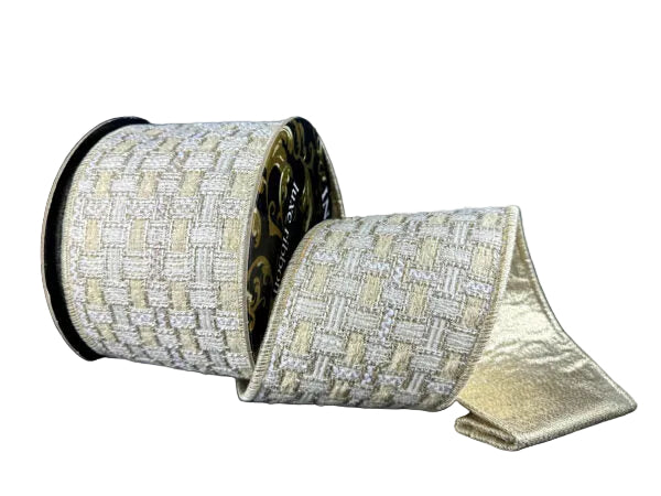 4 Inch By 5 Yard Champagne And Gold Metallic Backing Tweed Ribbon