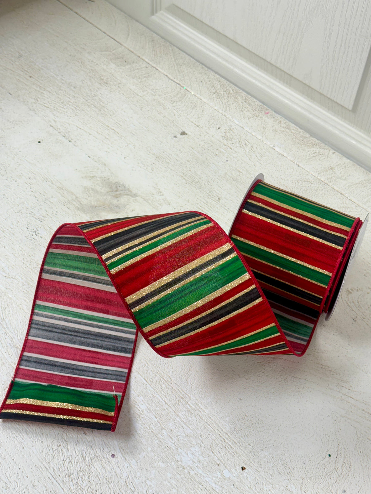 4 Inch By 10 Yard Red Black Emerald Horizontal Stripes Ribbon
