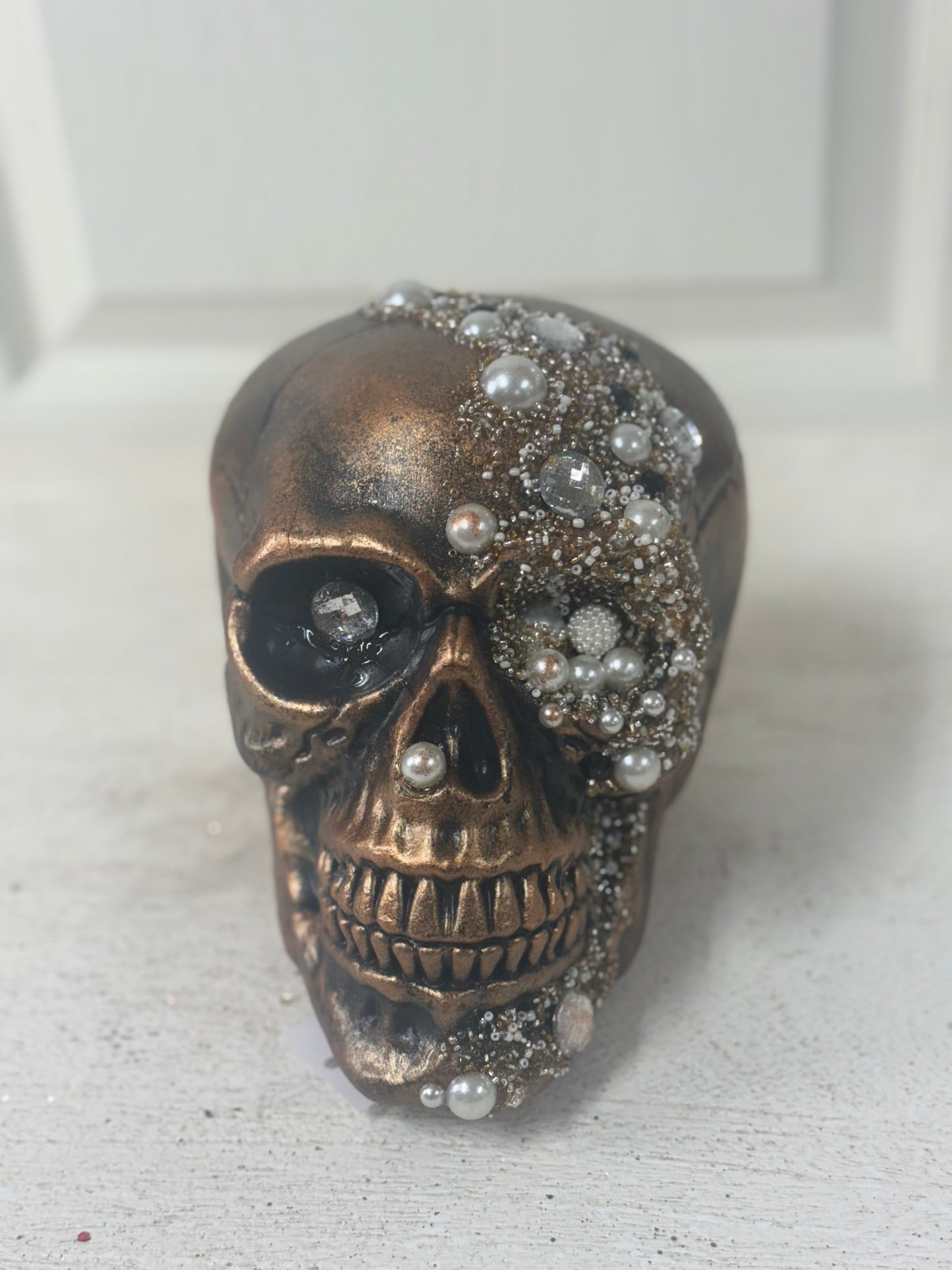 8 Inch Antique Gold Skull With Beads And Glitter