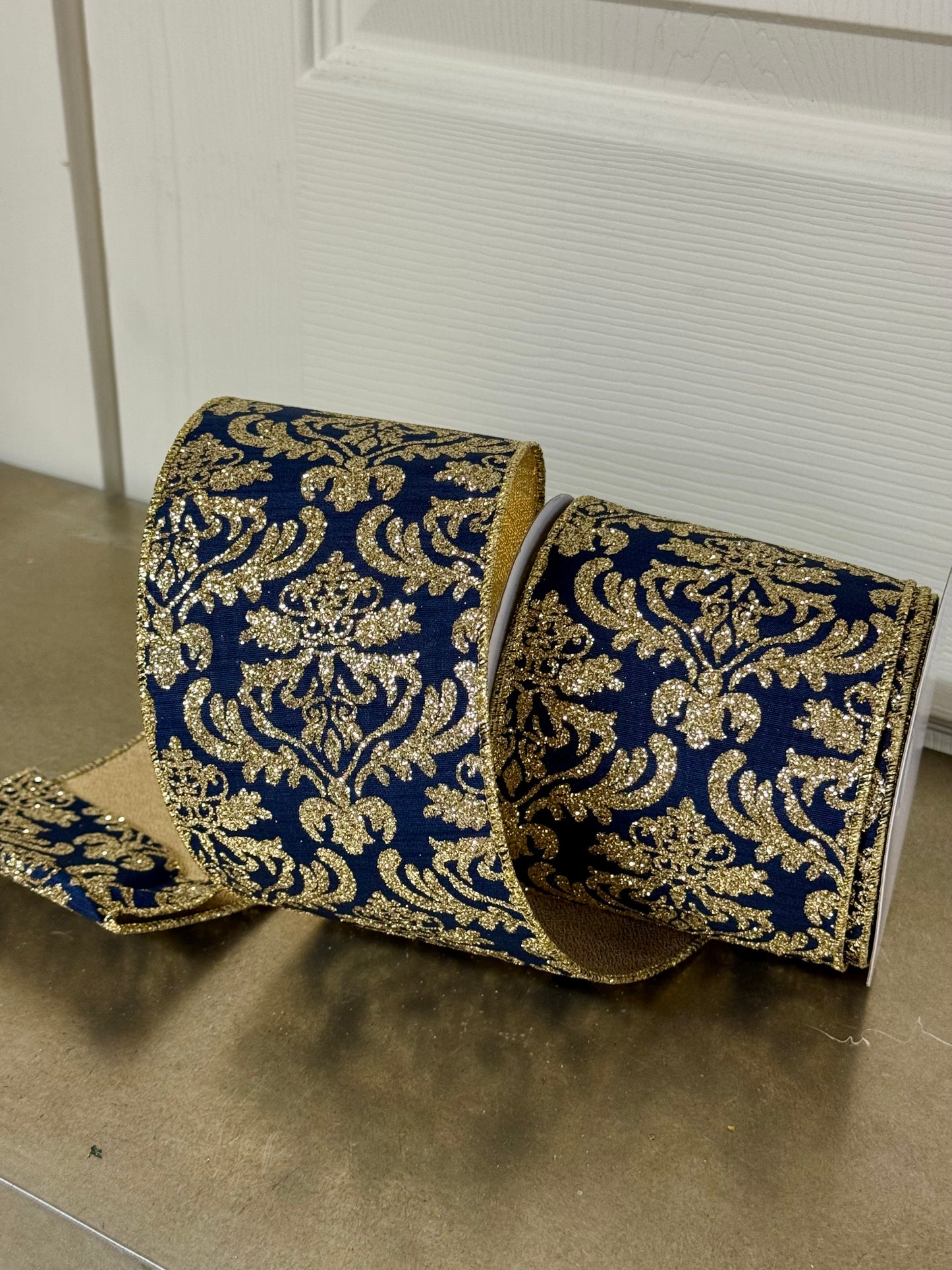 4 Inch By 10 Yard Navy Blue And Light Gold Damask Fused Back Ribbon