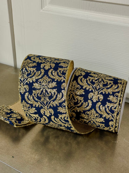 4 Inch By 10 Yard Navy Blue And Light Gold Damask Fused Back Ribbon