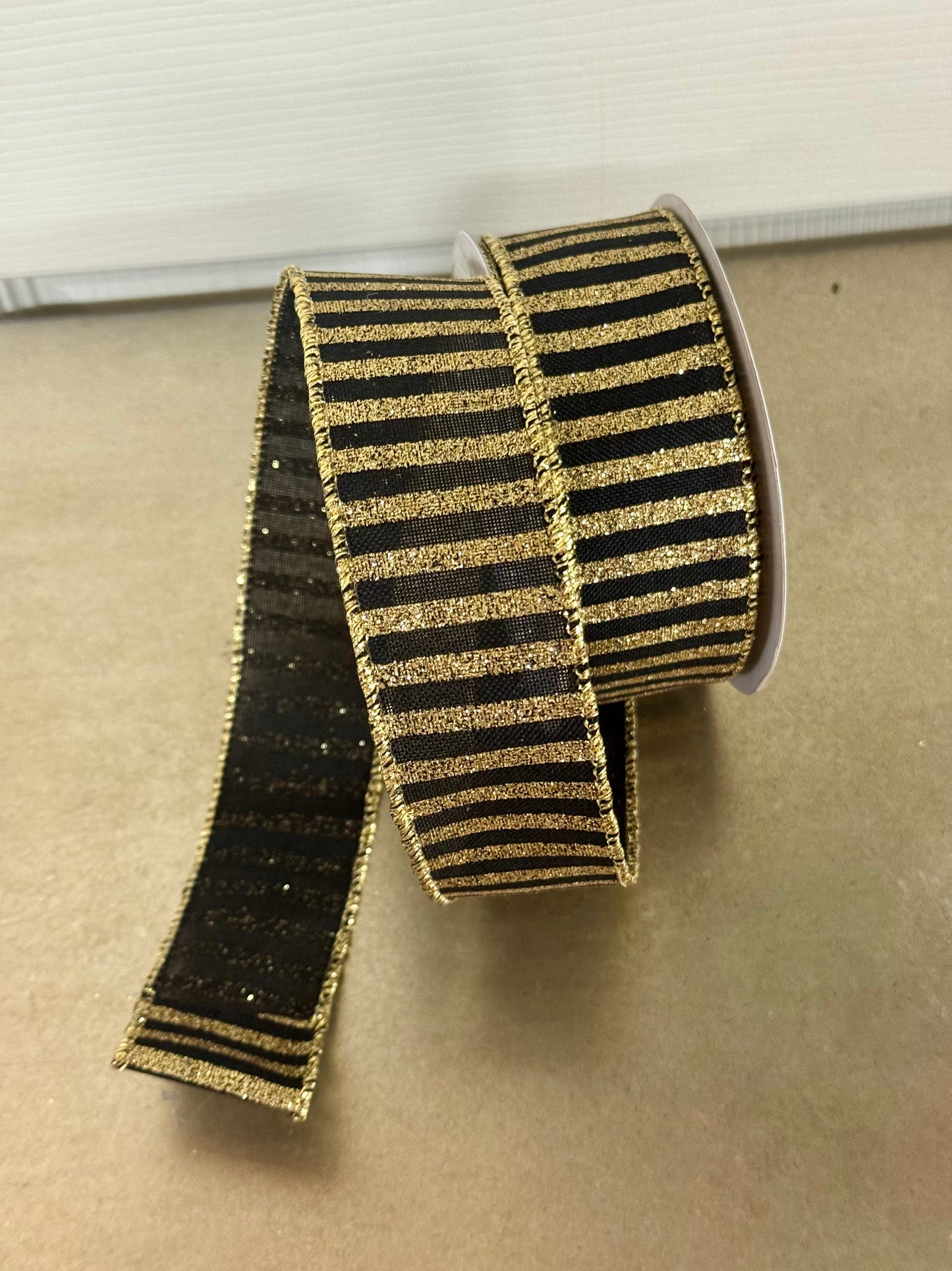 1.5 Inch By 10 Yard Black And Gold Striped Ribbon
