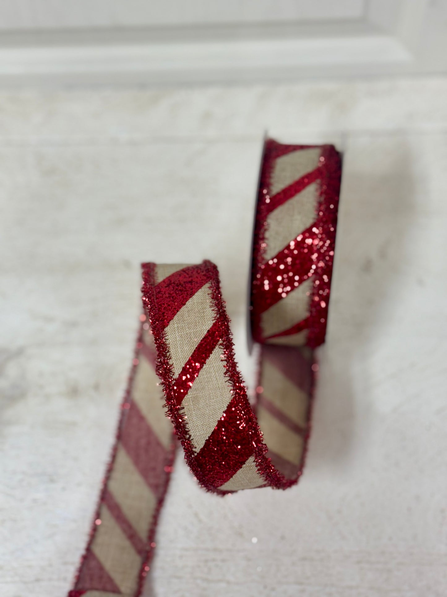 1.5 Inch By 10 Yard Natural And Red Stripe With Red Tinsel Edge Ribbon