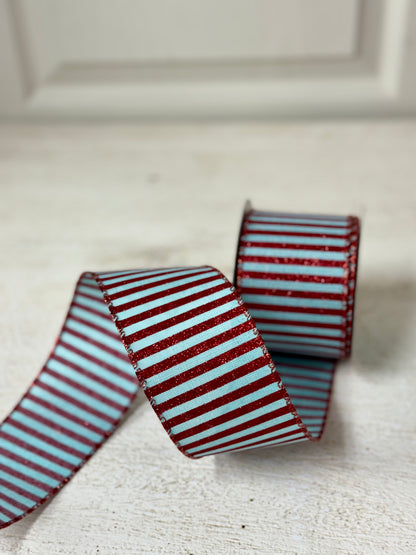 2.5 Inch By 10 Yard Ice Blue And Red Striped Ribbon