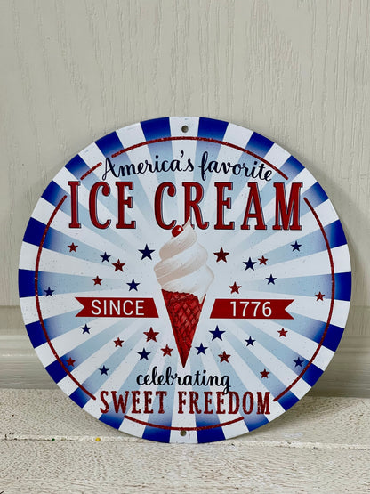 8 Inch Red White Blue Americas Favorite Ice Cream Metal Wreath Sign