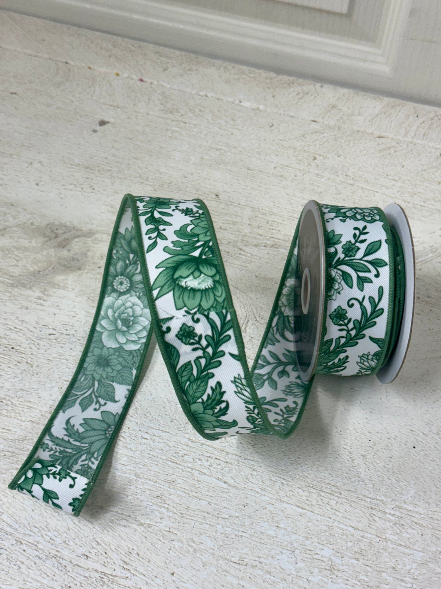 1.5 Inch By 10 Yard Sage And White Chinoiserie Florals Ribbon