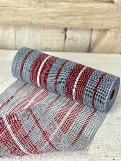 10.25 Inch By 10 Yard Gray Red And White Jute Striped Netting