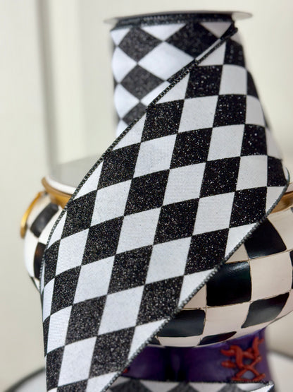 4 Inch By 10 Yard Black And White Harlequin Check Ribbon