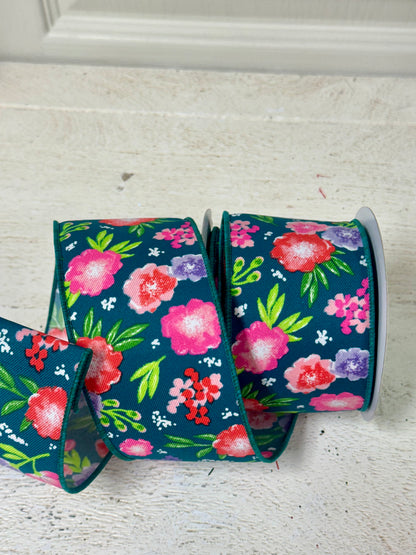 2.5 Inch By 10 Yard Teal Soft Florals Ribbon