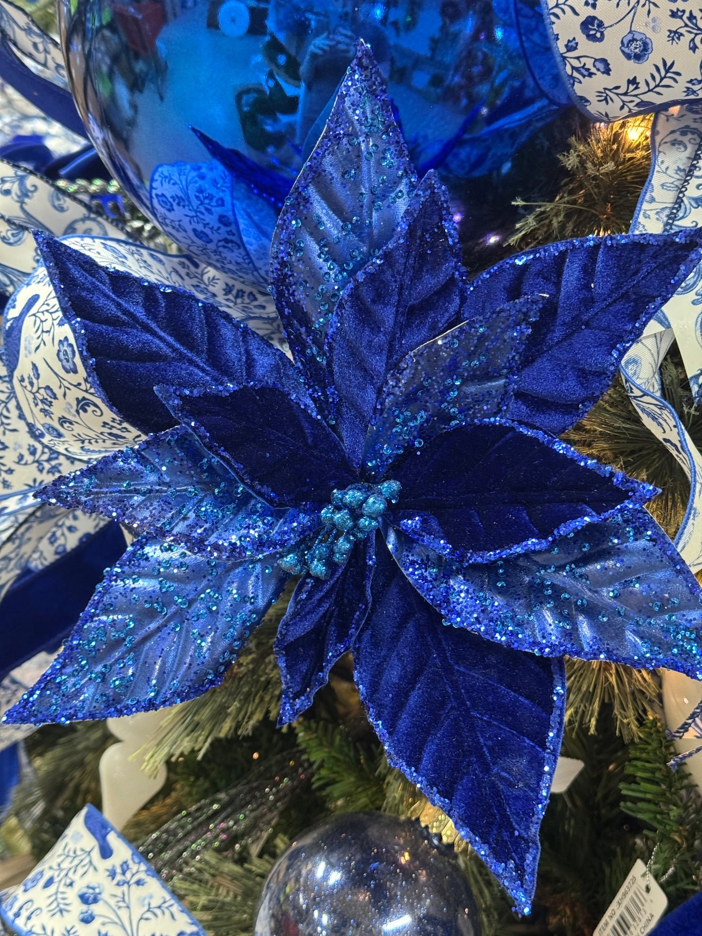 12 Inch Metallic Blue Velvet Poinsettia
