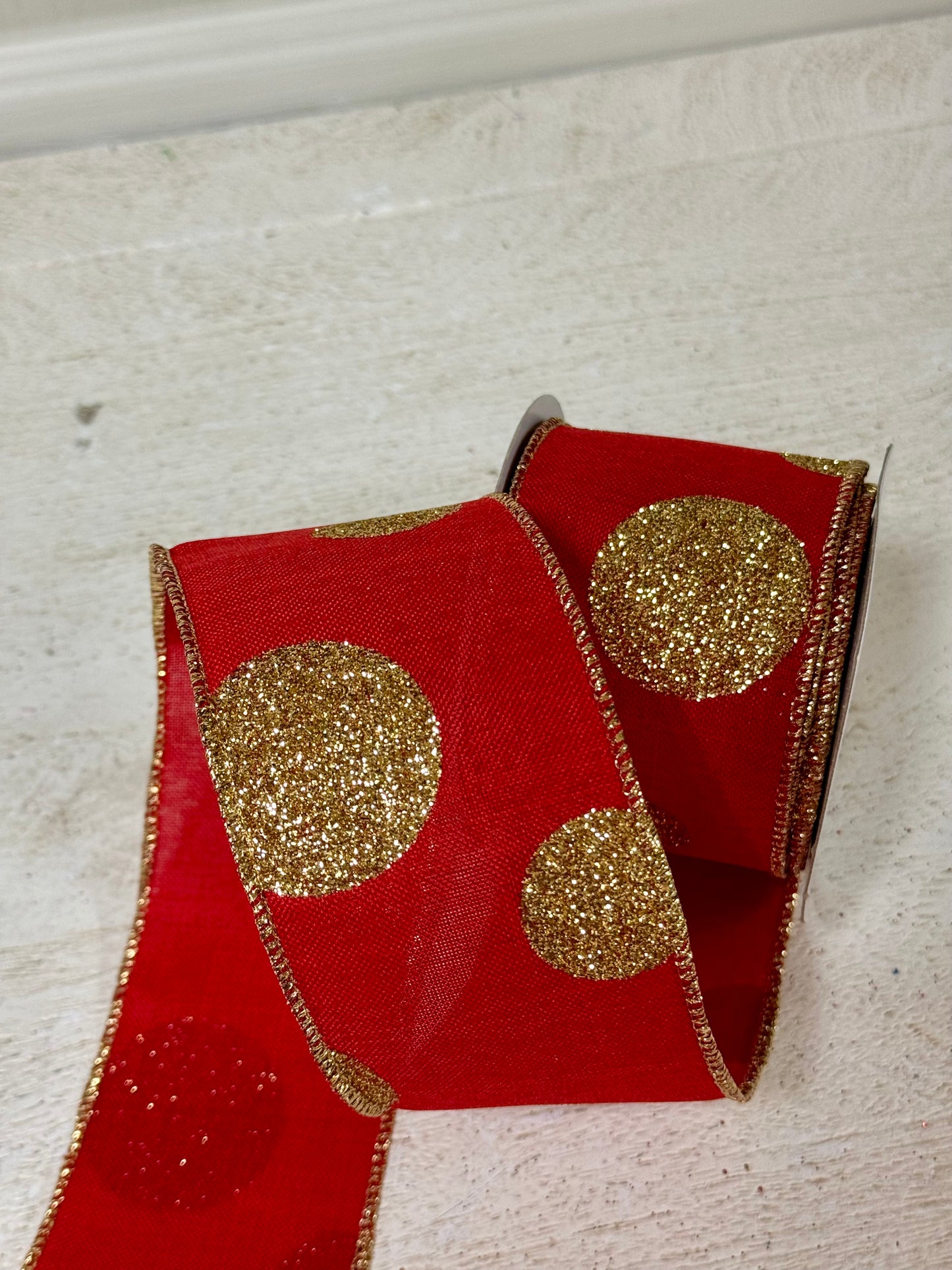 2.5 Inch By 10 Yard Gold And Red Polka Dot Ribbon