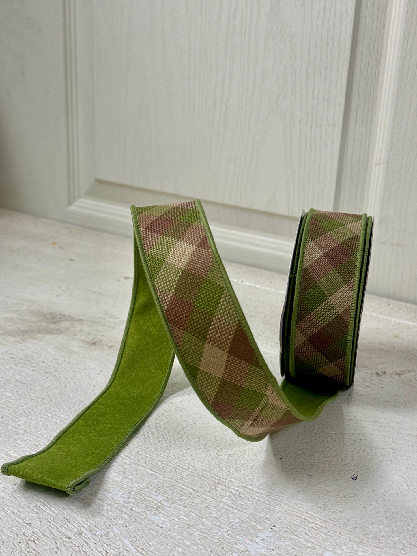 1.5 Inch By 10 Yard Moss Green Brown Beige Woven Check Fused Ribbon