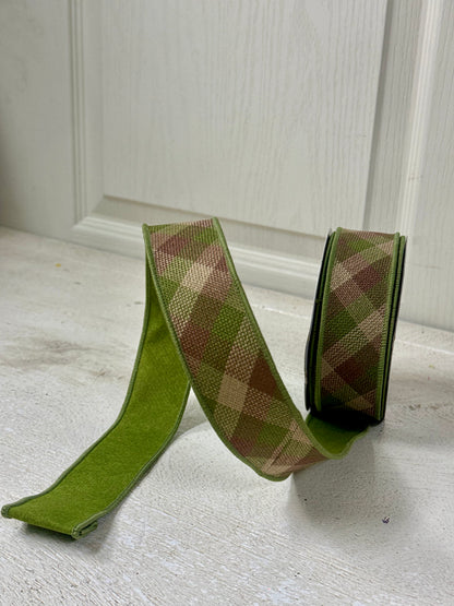 1.5 Inch By 10 Yard Moss Green Brown Beige Woven Check Fused Ribbon